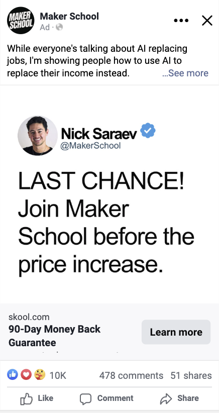 Concept sample ad for a maker school using a price increase deadline angle, produced by the Babbas studio as a demonstration